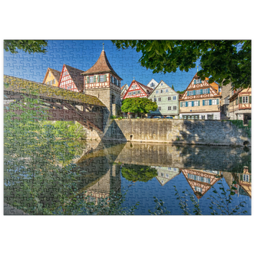 puzzleplate Überdachte Holzbrücke über den Kocher, Kocherbrücke 500 Puzzle