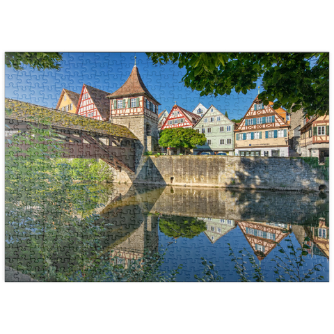 puzzleplate Überdachte Holzbrücke über den Kocher, Kocherbrücke 500 Puzzle