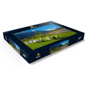 Darstellung des Puzzle Motivs Schafe an den Sieben Quellen gegen Estergebirge und Zugspitzgruppe, Oberbayern - Puzzleteile: 100
