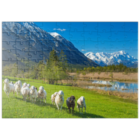 Darstellung des Puzzle Motivs Schafe an den Sieben Quellen gegen Estergebirge und Zugspitzgruppe, Oberbayern - Puzzleteile: 100