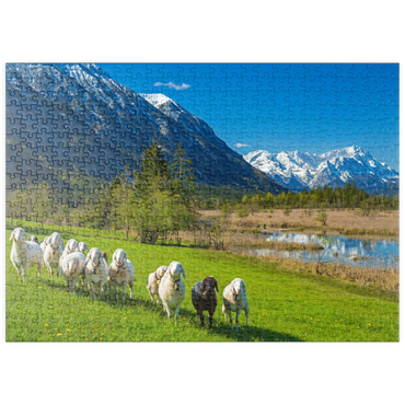 puzzleplate Schafe an den Sieben Quellen gegen Estergebirge und Zugspitzgruppe (2962m), Oberbayern 500 Puzzle