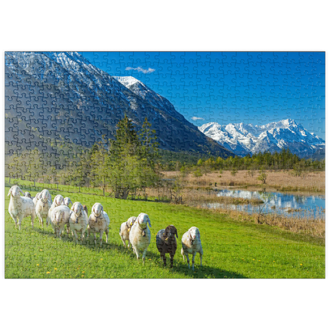puzzleplate Schafe an den Sieben Quellen gegen Estergebirge und Zugspitzgruppe (2962m), Oberbayern 500 Puzzle