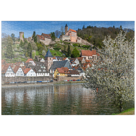 Darstellung des Puzzle-Motivs Historischer Ortskern mit Burg Hirschhorn im Frühling – Puzzleteile: 1000