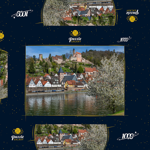 Historischer Ortskern mit Burg Hirschhorn im Frühling 1000 Puzzle Schachtel 3D Modell