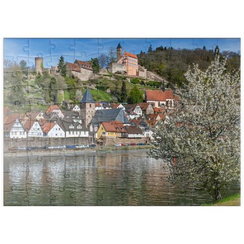 puzzleplate Historischer Ortskern mit Burg Hirschhorn im Frühling 100 Puzzle