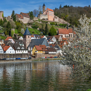 Historischer Ortskern mit Burg Hirschhorn im Frühling 200 Puzzle 3D Modell
