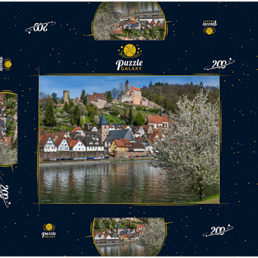 Historischer Ortskern mit Burg Hirschhorn im Frühling 200 Puzzle Schachtel 3D Modell