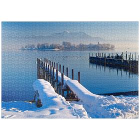 Darstellung des Puzzle-Motivs Bootsanleger in Gstadt am Chiemsee mit Blick zur Fraueninsel gegen Hochgern – Puzzleteile: 1000