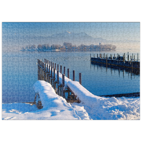 Darstellung des Puzzle Motivs Bootsanleger in Gstadt am Chiemsee mit Blick zur Fraueninsel gegen Hochgern - Puzzleteile: 500