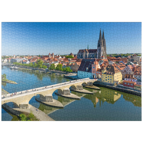 Darstellung des Puzzle Motivs Steinerne Brücke über die Donau mit der Altstadt und dem Regensburger Dom St. Peter - Puzzleteile: 1000
