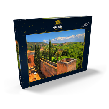 Blick von der Alcazaba der Alhambra zur Sierra Nevada, Granada, Andalusien, Spanien 100 Puzzle Schachtel Ansicht2