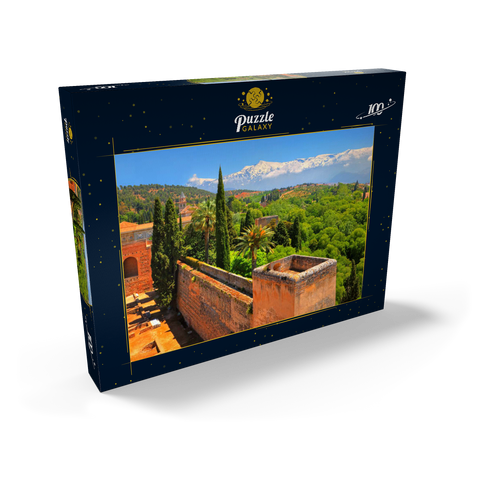 Blick von der Alcazaba der Alhambra zur Sierra Nevada, Granada, Andalusien, Spanien 100 Puzzle Schachtel Ansicht2