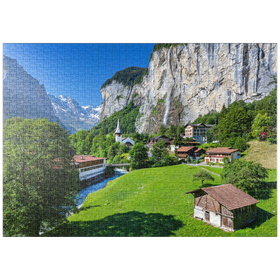 Darstellung des Puzzle-Motivs Ort Lauterbrunnen mit dem Staubbachfall – Puzzleteile: 1000