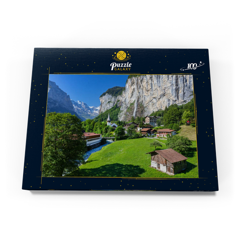 Ort Lauterbrunnen mit dem Staubbachfall 100 Puzzle Schachtel Ansicht3