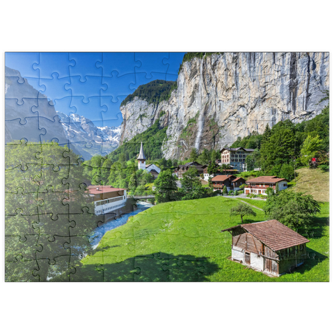 puzzleplate Ort Lauterbrunnen mit dem Staubbachfall 100 Puzzle