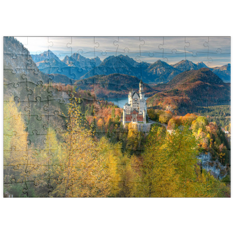 puzzleplate Schloss Neuschwanstein und Schloss Hohenschwangau mit Alpsee und Tannheimer Gebirge 100 Puzzle
