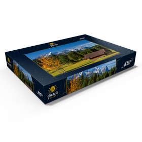 Alternative Darstellung des Puzzle-Motivs Heustadel bei Gerold mit Zugspitzgruppe (2962m), Oberbayern – Puzzleteile: 1000