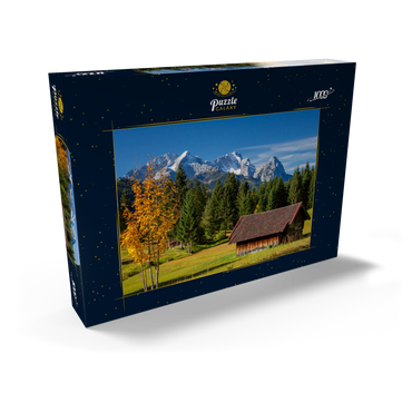 Heustadel bei Gerold mit Zugspitzgruppe (2962m), Oberbayern 1000 Puzzle Schachtel Ansicht2