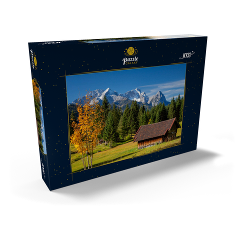 Heustadel bei Gerold mit Zugspitzgruppe (2962m), Oberbayern 1000 Puzzle Schachtel Ansicht2