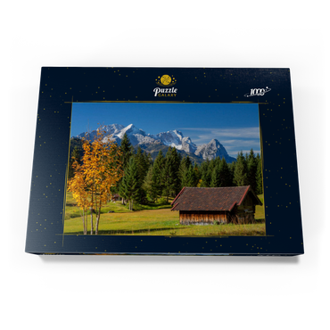 Heustadel bei Gerold mit Zugspitzgruppe (2962m), Oberbayern 1000 Puzzle Schachtel Ansicht3