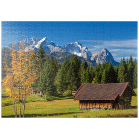 Darstellung des Puzzle-Motivs Heustadel bei Gerold mit Zugspitzgruppe (2962m), Oberbayern – Puzzleteile: 1000