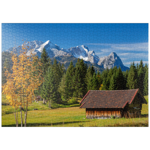 puzzleplate Heustadel bei Gerold mit Zugspitzgruppe (2962m), Oberbayern 1000 Puzzle