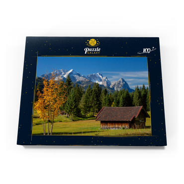 Heustadel bei Gerold mit Zugspitzgruppe (2962m), Oberbayern 100 Puzzle Schachtel Ansicht3