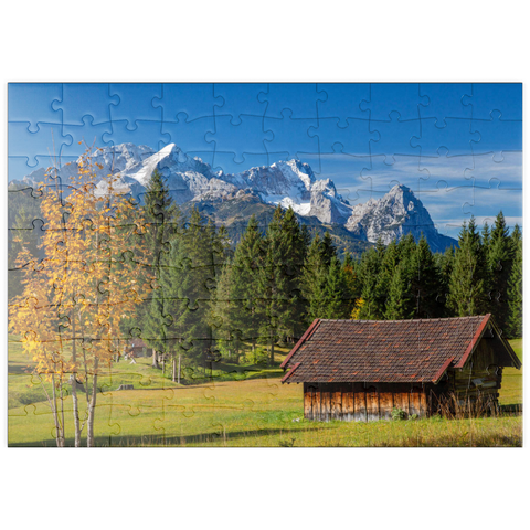 puzzleplate Heustadel bei Gerold mit Zugspitzgruppe (2962m), Oberbayern 100 Puzzle