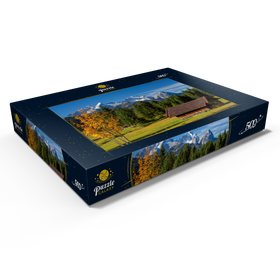 Darstellung des Puzzle Motivs Heustadel bei Gerold mit Zugspitzgruppe (2962m), Oberbayern - Puzzleteile: 500