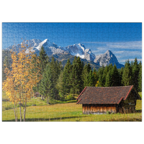 puzzleplate Heustadel bei Gerold mit Zugspitzgruppe (2962m), Oberbayern 500 Puzzle