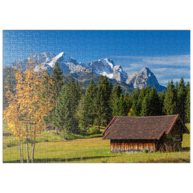Darstellung des Puzzle Motivs Heustadel bei Gerold mit Zugspitzgruppe (2962m), Oberbayern - Puzzleteile: 500