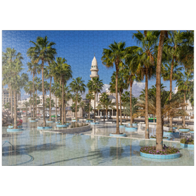 Darstellung des Puzzle-Motivs Brunnen mit Palmen auf dem Princess Haya Circle, Aqaba, Golf von Aqaba, Jordanien – Puzzleteile: 1000