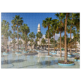 Darstellung des Puzzle-Motivs Brunnen mit Palmen auf dem Princess Haya Circle, Aqaba, Golf von Aqaba, Jordanien – Puzzleteile: 500