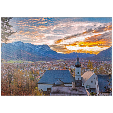 puzzleplate Wallfahrtskirche St. Anton gegen Wettersteingebirge mit Zugspitze (2962m) 1000 Puzzle