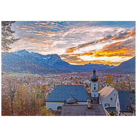 puzzleplate Wallfahrtskirche St. Anton gegen Wettersteingebirge mit Zugspitze (2962m) 1000 Puzzle