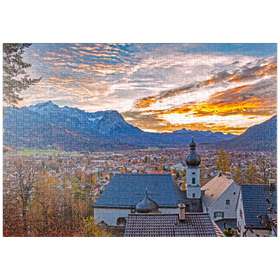Darstellung des Puzzle Motivs Wallfahrtskirche St. Anton gegen Wettersteingebirge mit Zugspitze (2962m) - Puzzleteile: 1000
