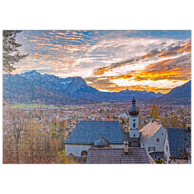 Darstellung des Puzzle-Motivs Wallfahrtskirche St. Anton gegen Wettersteingebirge mit Zugspitze (2962m) – Puzzleteile: 500