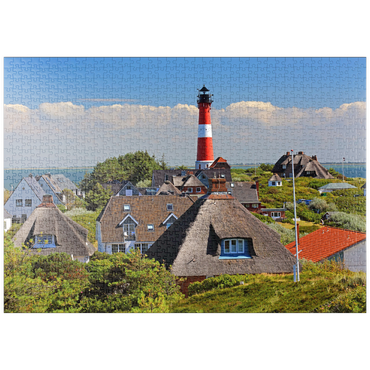 puzzleplate Reetdachferienhäuser in den Dünen mit Leuchtturm von Hörnum, Insel Sylt 1000 Puzzle