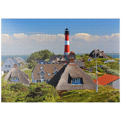 puzzleplate Reetdachferienhäuser in den Dünen mit Leuchtturm von Hörnum, Insel Sylt 1000 Puzzle