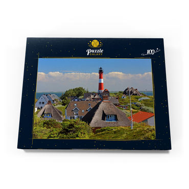 Reetdachferienhäuser in den Dünen mit Leuchtturm von Hörnum, Insel Sylt 100 Puzzle Schachtel Ansicht3