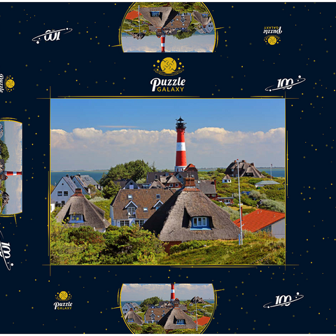 Reetdachferienhäuser in den Dünen mit Leuchtturm von Hörnum, Insel Sylt 100 Puzzle Schachtel 3D Modell