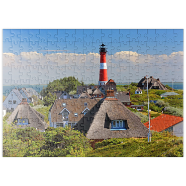 puzzleplate Reetdachferienhäuser in den Dünen mit Leuchtturm von Hörnum, Insel Sylt 200 Puzzle