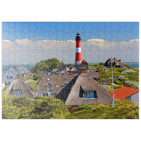 puzzleplate Reetdachferienhäuser in den Dünen mit Leuchtturm von Hörnum, Insel Sylt 200 Puzzle