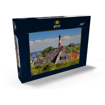 Reetdachferienhäuser in den Dünen mit Leuchtturm von Hörnum, Insel Sylt 500 Puzzle Schachtel Ansicht2