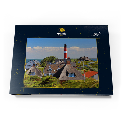 Reetdachferienhäuser in den Dünen mit Leuchtturm von Hörnum, Insel Sylt 500 Puzzle Schachtel Ansicht3