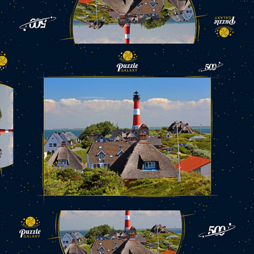 Reetdachferienhäuser in den Dünen mit Leuchtturm von Hörnum, Insel Sylt 500 Puzzle Schachtel 3D Modell