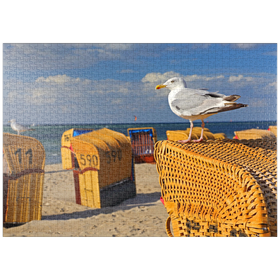 Darstellung des Puzzle-Motivs Möwe auf einem Strandkorb, Ostseebad Laboe, Schleswig-Holstein, Deutschland – Puzzleteile: 1000