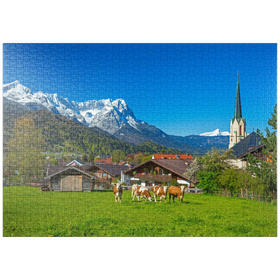 Darstellung des Puzzle-Motivs Ortsteil Partenkirchen mit Pfarrkirche Maria Himmelfahrt gegen Zugspitzgruppe – Puzzleteile: 1000