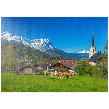 puzzleplate Ortsteil Partenkirchen mit Pfarrkirche Maria Himmelfahrt gegen Zugspitzgruppe 1000 Puzzle
