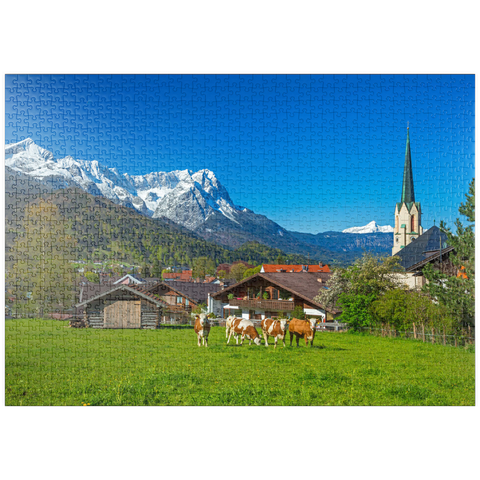 puzzleplate Ortsteil Partenkirchen mit Pfarrkirche Maria Himmelfahrt gegen Zugspitzgruppe 1000 Puzzle